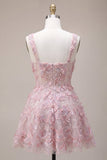 Lilac Square Neck A-Line Pearls Short Cocktail Dress with Floral Embroidery