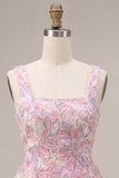 Lilac Square Neck A-Line Pearls Short Cocktail Dress with Floral Embroidery
