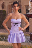 Lilac Satin Strapless A-Line Ruffle Short Cocktail Dress