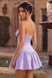 Lilac Satin Strapless A-Line Ruffle Short Cocktail Dress