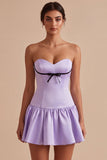 Lilac Satin Strapless A-Line Ruffle Short Cocktail Dress