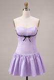Lilac Satin Strapless A-Line Ruffle Short Cocktail Dress