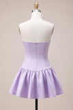Lilac Satin Strapless A-Line Ruffle Short Cocktail Dress