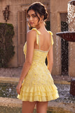 Yellow Bodycon Beaded Ruffled Floral Embroidery Homecoming Dress with Rhinestone Trim