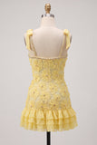 Yellow Bodycon Beaded Ruffled Floral Embroidery Homecoming Dress with Rhinestone Trim