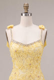 Yellow Bodycon Beaded Ruffled Floral Embroidery Homecoming Dress with Rhinestone Trim