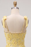 Yellow Bodycon Beaded Ruffled Floral Embroidery Homecoming Dress with Rhinestone Trim