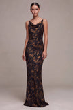Black Mermaid Cowl Neck Floral Long Formal Dress