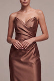 Coffee Strapless Ruched Sheath Satin Long Formal Dress with Slit
