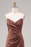 Coffee Strapless Ruched Sheath Satin Long Formal Dress with Slit