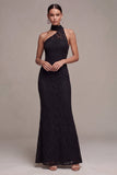 Halter Neck Black Mermaid Long Formal Dress with Lace