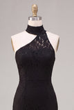 Halter Neck Black Mermaid Long Formal Dress with Lace