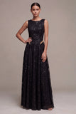 A-Line Black Round Neck Sequins Long Formal Dress