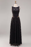 A-Line Black Round Neck Sequins Long Formal Dress