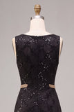 A-Line Black Round Neck Sequins Long Formal Dress
