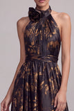 Black A-Line Halter Neck Backless Long Formal Dress with Slit
