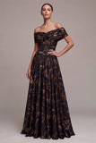 Black A-Line Off the Shoulder Floral Ruched Long Formal Dress