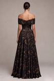 Black A-Line Off the Shoulder Floral Ruched Long Formal Dress