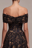 Black A-Line Off the Shoulder Floral Ruched Long Formal Dress