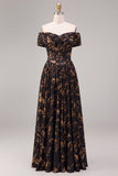Black A-Line Off the Shoulder Floral Ruched Long Formal Dress