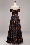 Black A-Line Off the Shoulder Floral Ruched Long Formal Dress