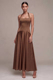 Satin Coffee Halter Neck Backless A-Line Long Formal Dress