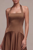 Satin Coffee Halter Neck Backless A-Line Long Formal Dress