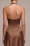 Satin Coffee Halter Neck Backless A-Line Long Formal Dress
