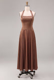 Satin Coffee Halter Neck Backless A-Line Long Formal Dress
