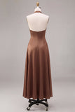 Satin Coffee Halter Neck Backless A-Line Long Formal Dress