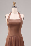 Satin Coffee Halter Neck Backless A-Line Long Formal Dress