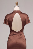 Satin Coffee High Neck Mermaid Long Formal Dress with Short Sleeves
