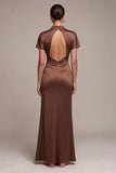 Satin Coffee High Neck Mermaid Long Formal Dress with Short Sleeves