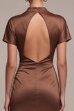 Satin Coffee High Neck Mermaid Long Formal Dress with Short Sleeves