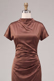 Satin Coffee High Neck Mermaid Long Formal Dress with Short Sleeves