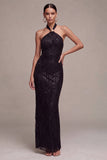 Black Mermaid Halter Neck Sequins Long Formal Dress