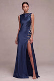 Olive Mermaid Bateau Neck Satin Long Formal Dress with Slit