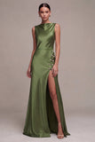 Olive Mermaid Bateau Neck Satin Long Formal Dress with Slit