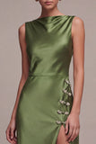 Olive Mermaid Bateau Neck Satin Long Formal Dress with Slit