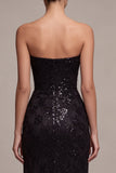 Strapless Sequins Black Mermaid Ruched Long Formal Dress with Slit