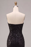 Strapless Sequins Black Mermaid Ruched Long Formal Dress with Slit