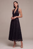 Black Halter Neck Sequins A-Line Backless Midi Formal Dress