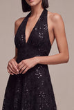 Black Halter Neck Sequins A-Line Backless Midi Formal Dress