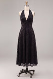 Black Halter Neck Sequins A-Line Backless Midi Formal Dress
