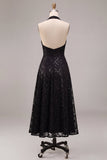 Black Halter Neck Sequins A-Line Backless Midi Formal Dress