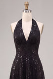 Black Halter Neck Sequins A-Line Backless Midi Formal Dress