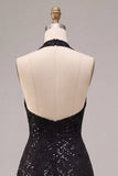 Black Halter Neck Sequins A-Line Backless Midi Formal Dress