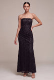 Strapless Black Mermaid Sequins Ruched Maxi Formal Dress