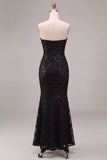 Strapless Black Mermaid Sequins Ruched Maxi Formal Dress