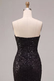 Strapless Black Mermaid Sequins Ruched Maxi Formal Dress